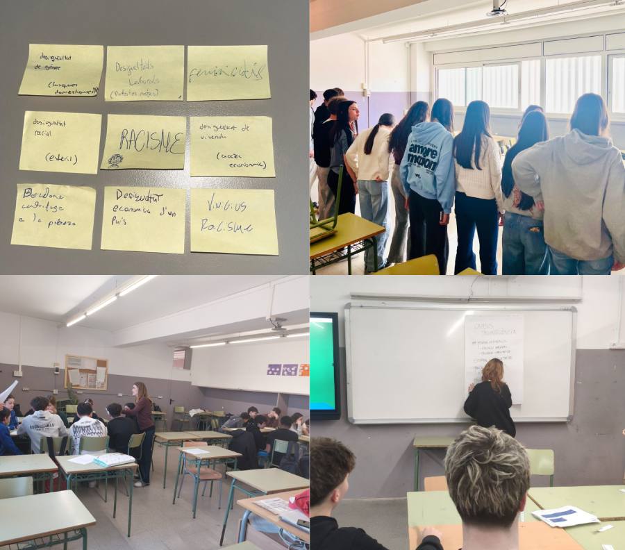 Collage amb 4 fotografies de les activitats que s'han dut a terme en una classe de 4rt d'ESO.